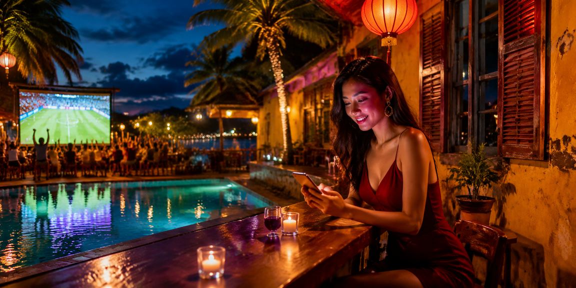 Người dùng trải nghiệm casino trên điện thoại tại phố cổ Hội An về đêm